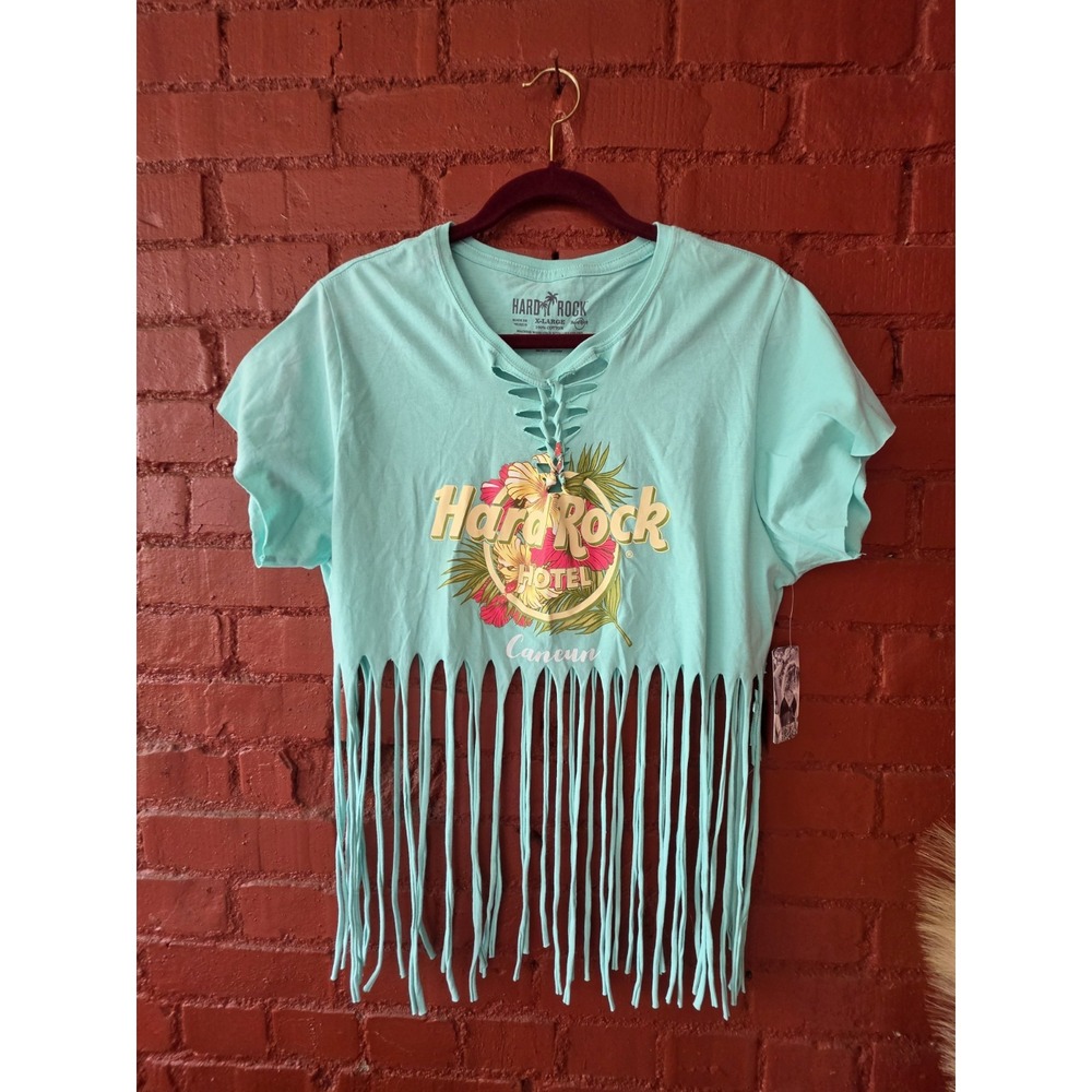 NWT New Hard Rock Hotel Cancun Fringe Crop Tee Top Shirt Mint Green Floral XL...